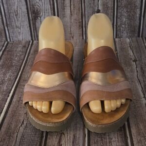 Sz 39 / 8 Naot Portia Brown Gold Wavy Leather Platform Slides Sandals VGUC!